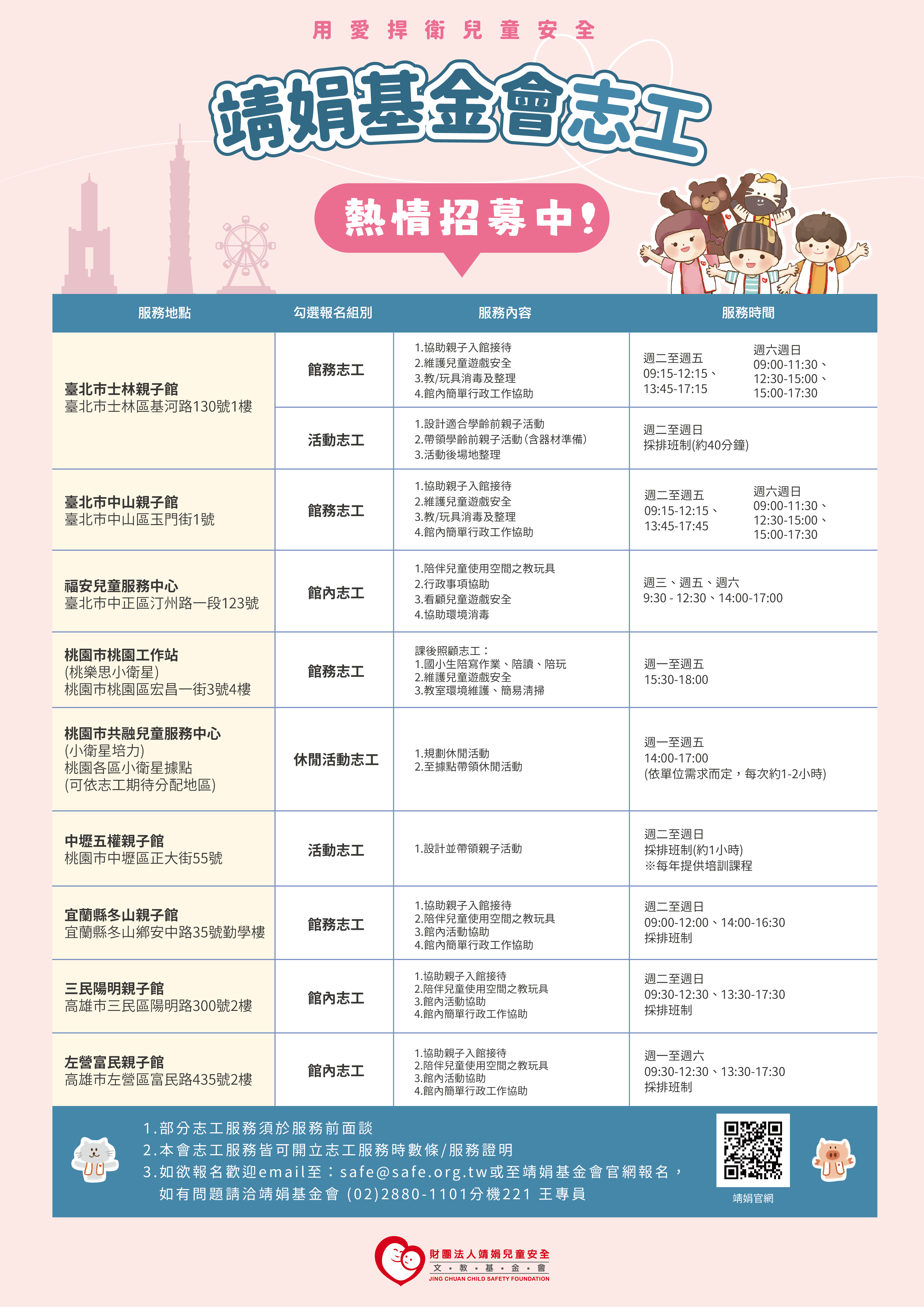 財團法人靖娟兒童安全文教基金會各據點114年志工招募簡章